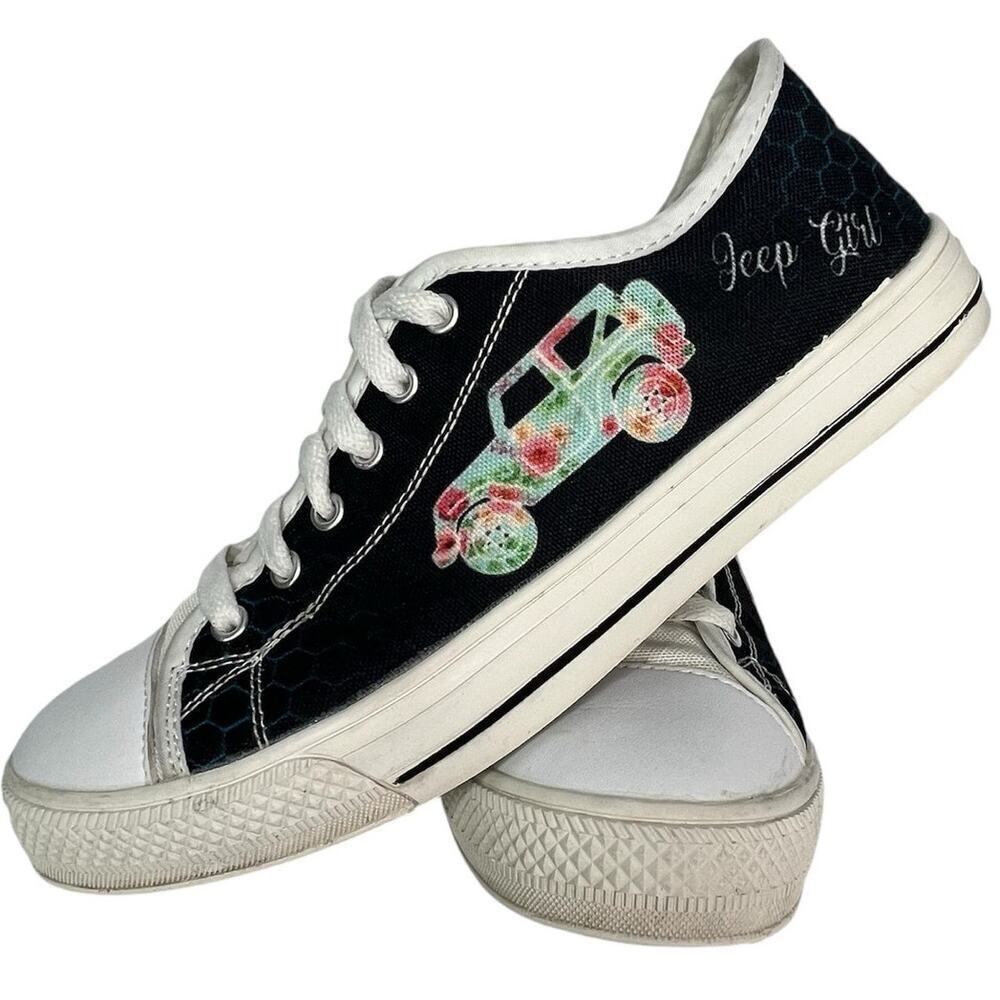 Custom Jeep Girl Low Top Canvas Tennis Shoes, Black/White Colorway, size 9